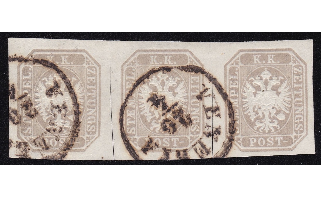 1863 LOMBARDO VENETO, G 11a (1,05 kr.) grigio lillaceo bruno STRISCIA DI 3 USATA