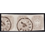 1863 LOMBARDO VENETO, G 11a (1,05 kr.) grigio lillaceo bruno STRISCIA DI 3 USATA