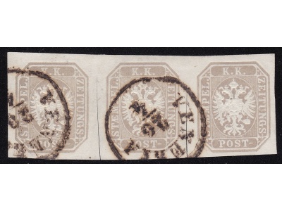 1863 LOMBARDO VENETO, G 11a (1,05 kr.) grigio lillaceo bruno STRISCIA DI 3 USATA