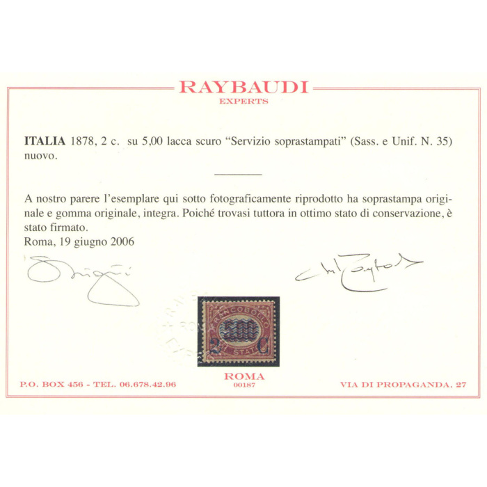 1878 Italia - Regno, n° 35 Servizio sovrastampato  MNH** - Certificato Raybaudi