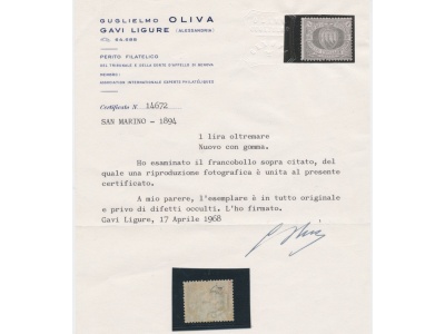 1894 SAN MARINO, n° 31 LIRA AZZURRA  LINGUELLATA MLH* Cert. OLIVA