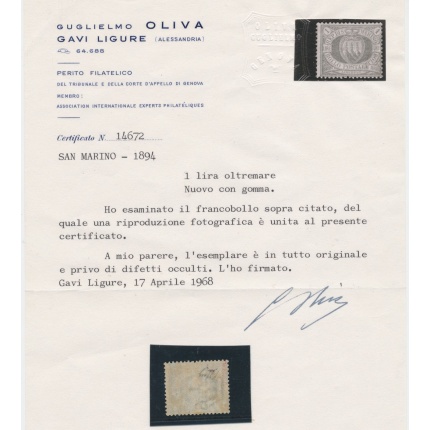1894 SAN MARINO, n° 31 LIRA AZZURRA  LINGUELLATA MLH* Cert. OLIVA