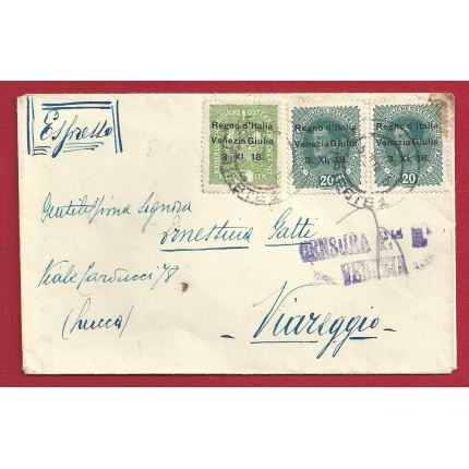 1918 Venezia Giulia, n° 2+7 coppia su lettera Espresso viaggiata  CENSURA