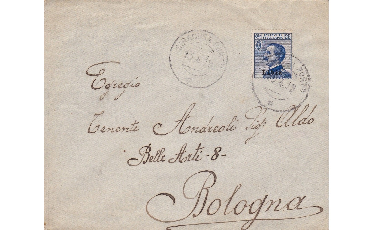 1919 LIBIA, n° 7  25 cent. azzurro isolato su lettera VIAGGIATA PER BOLOGNA