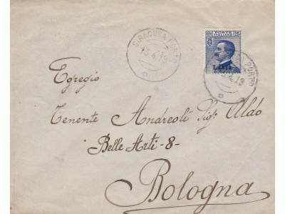1919 LIBIA, n° 7  25 cent. azzurro isolato su lettera VIAGGIATA PER BOLOGNA