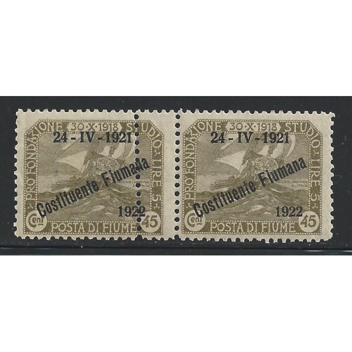 1922 Fiume, n° 183x , 45 cent. oliva ,  MNH** , COPPIA CON DOPPIA DENTELLATURA