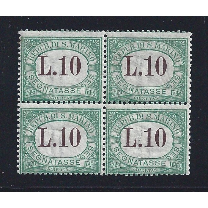 1924 SAN MARINO, Segnatasse n° 18 10 Lire verde QUARTINA MNH/**