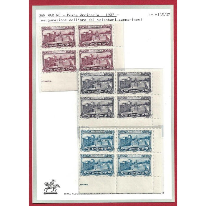 1927 SAN MARINO - n° 134/136 3 valori MNH/**  QUARTINE ANGOLO DI FOGLIO