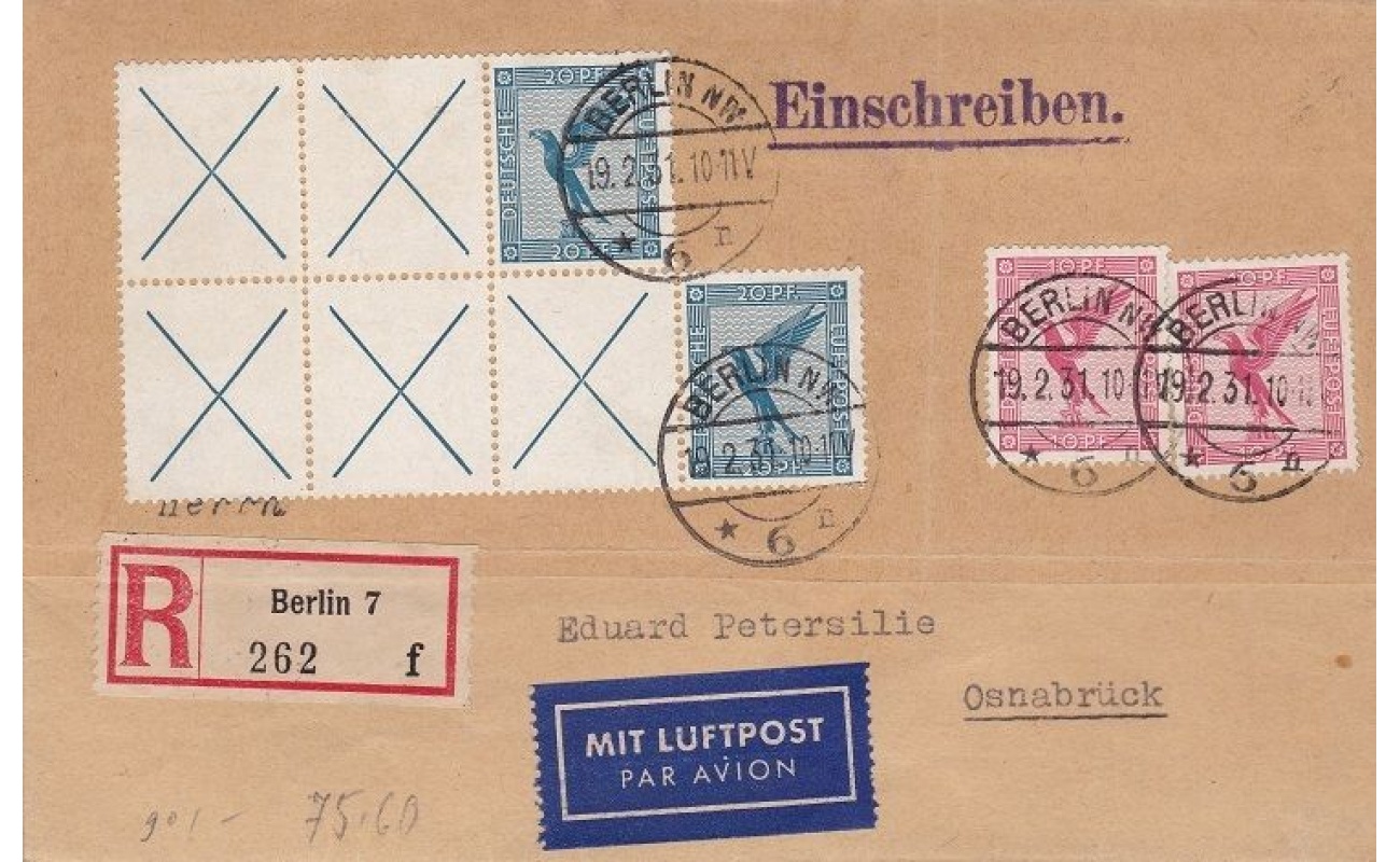 1931 GERMANIA - DEUTSCHLAND, Lettera per Osnabruck affrancata con W 21.2 / W 21-3