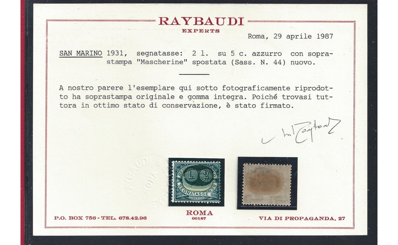 1931 SAN MARINO, Tasse n° 44b MNH/** Cert. Raybaudi