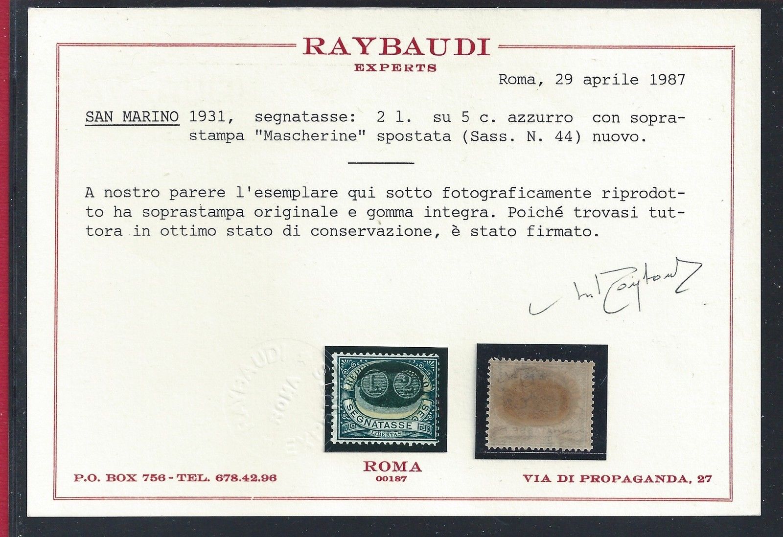 1931 SAN MARINO, Tasse n° 44b MNH/** Cert. Raybaudi