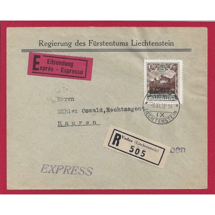 1932 Liechtenstein, Servizio n° 8B , 1,20 Franchi su lettera , Usato