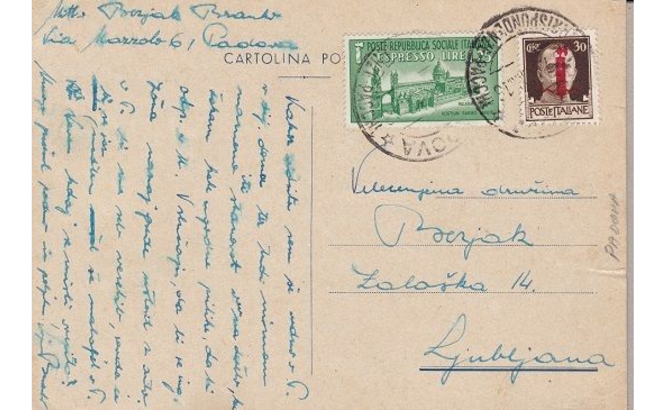 1944 RSI - Cartolina Postale per l'Estero affrancata con n° 492+ Ex 23