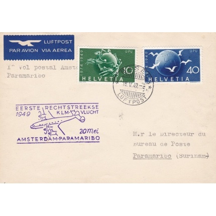 1949 SVIZZERA ,  VOLO SPECIALE KLM AMSTERDAM-PARAMARIBO