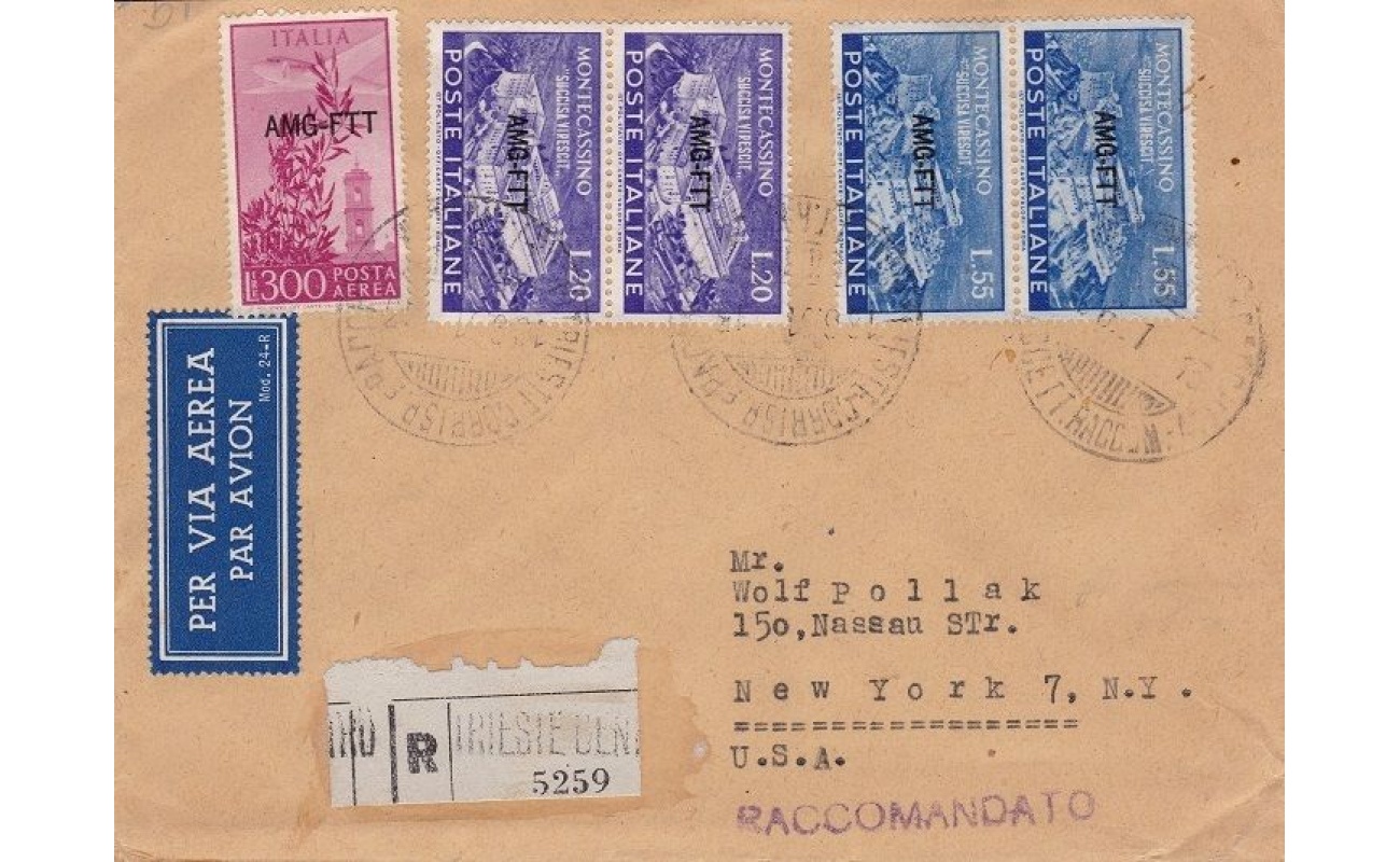 1951 TRIESTE A - n° 119/120+A20+A24 su Busta per gli Stati Uniti VIAGGIATA