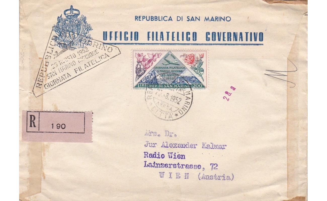 1952 SAN MARINO - PA n° 108 200 Lire  su BUSTA PRIMO GIORNO
