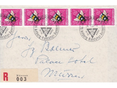 1954 SVIZZERA  , Zum. PJ 155 striscia di cinque su lettera