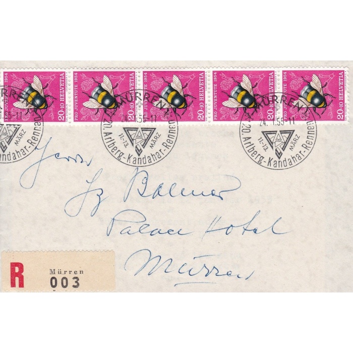 1954 SVIZZERA  , Zum. PJ 155 striscia di cinque su lettera