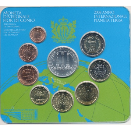 2008 San Marino , Divisionali Anno Internazionale Pianeta Terra 9 valori con Moneta in Argento da 5 €  FDC