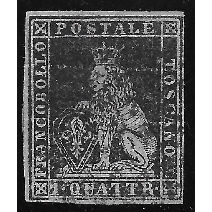 1851-52 TOSCANA, n° 1a 1quattrino nero su azzurro Firmato Alberto ed Enzo Diena