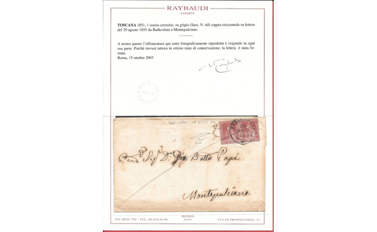 1851-52 Toscana, n° 4d 1 crazia coppia su lettera Certificato Raybaudi