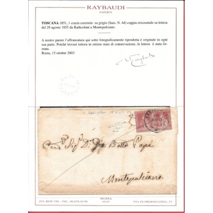 1851-52 Toscana, n° 4d 1 crazia coppia su lettera Certificato Raybaudi