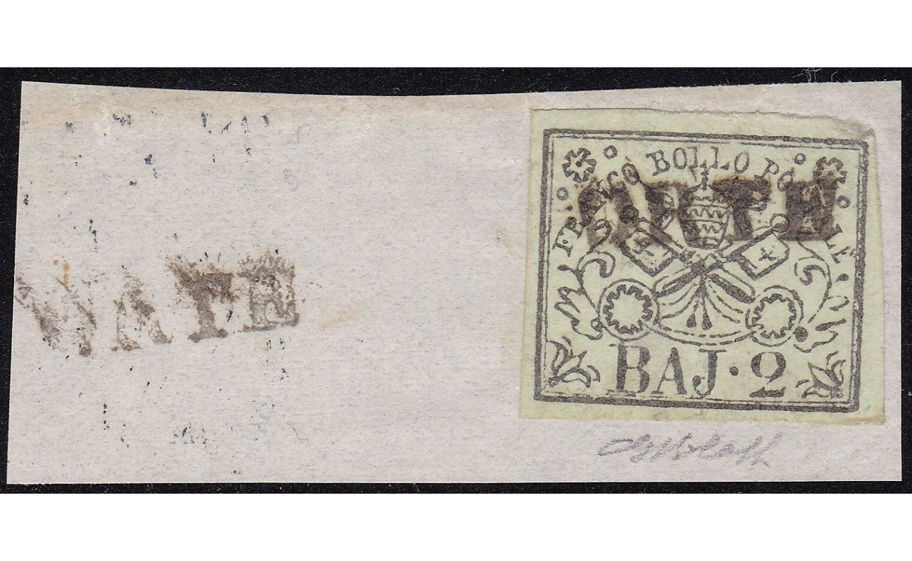 1852 Stato Pontificio, 2 baj verde oliva chiaro n° 2 su frammento Firma Bolaffi