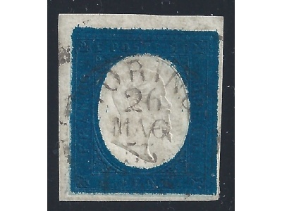 1854 Sardegna, n° 8 20c. indaco USATO Timbrino Brun