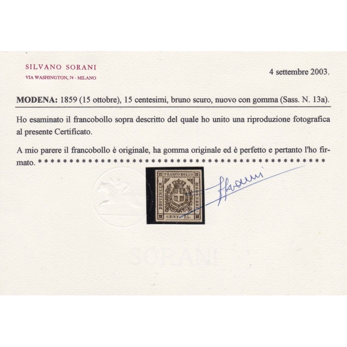 1859 Modena Governo Provvvisorio, n° 13a MLH/* Certificato Sorani