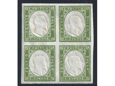 1863 SARDEGNA, n° 13Ea 5 cent. verde MNH/**  QUARTINE