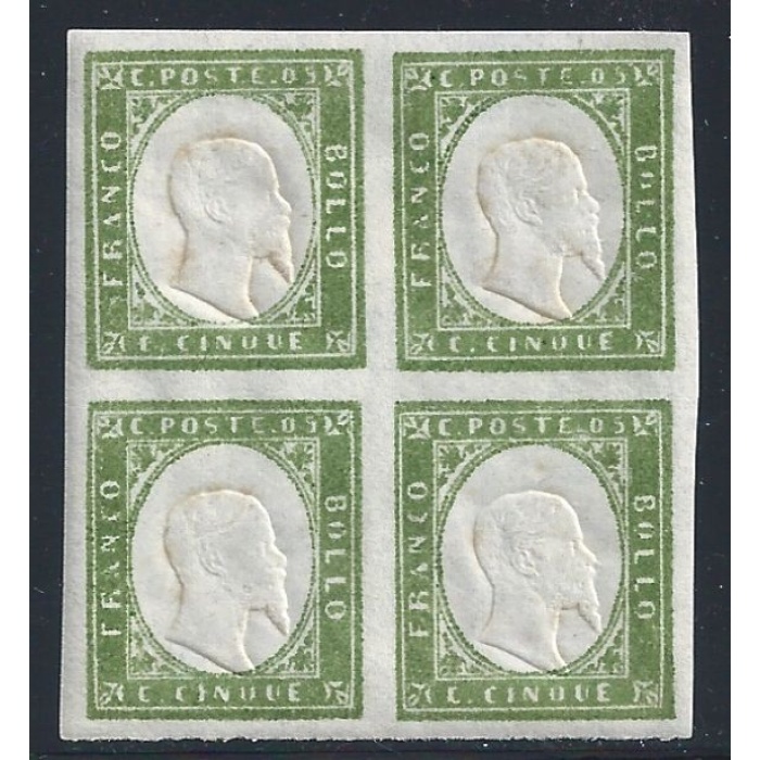 1863 SARDEGNA, n° 13Ea 5 cent. verde MNH/**  QUARTINE