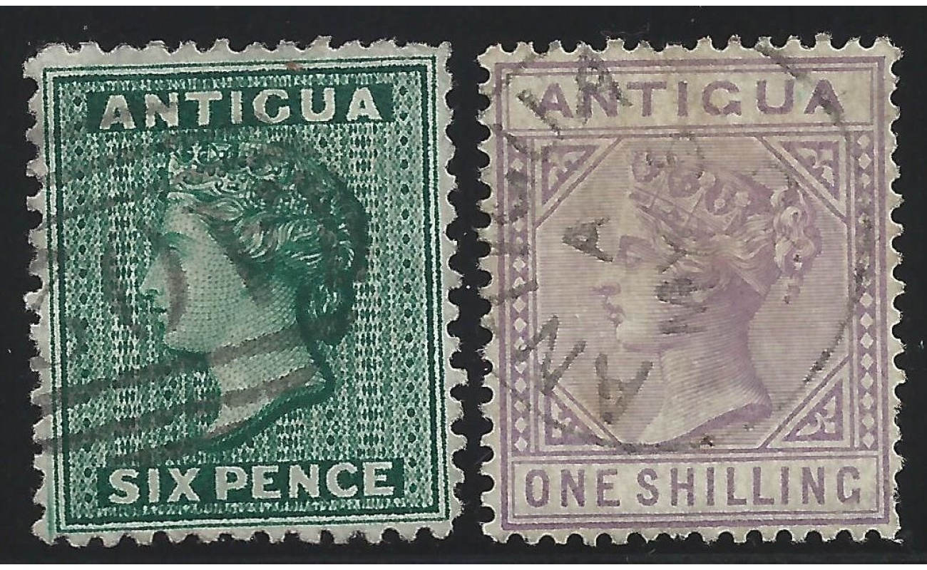 1884-86 ANTIGUA - SG n° 29/30  6d. deep green and 1sh. mauve USED