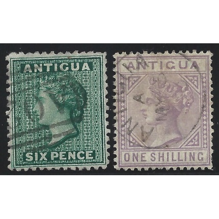 1884-86 ANTIGUA - SG n° 29/30  6d. deep green and 1sh. mauve USED