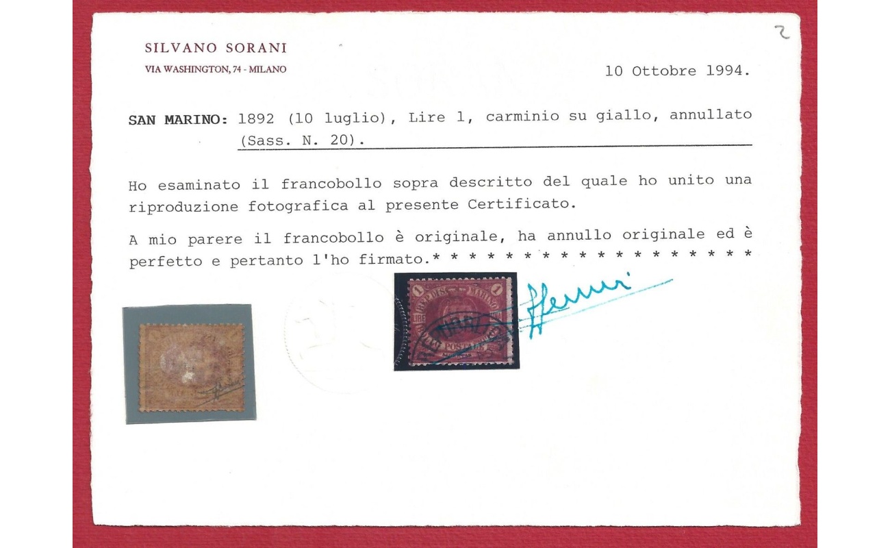 1892 SAN MARINO, n° 20  LIRA ROSSA USATA Certificato Sorani