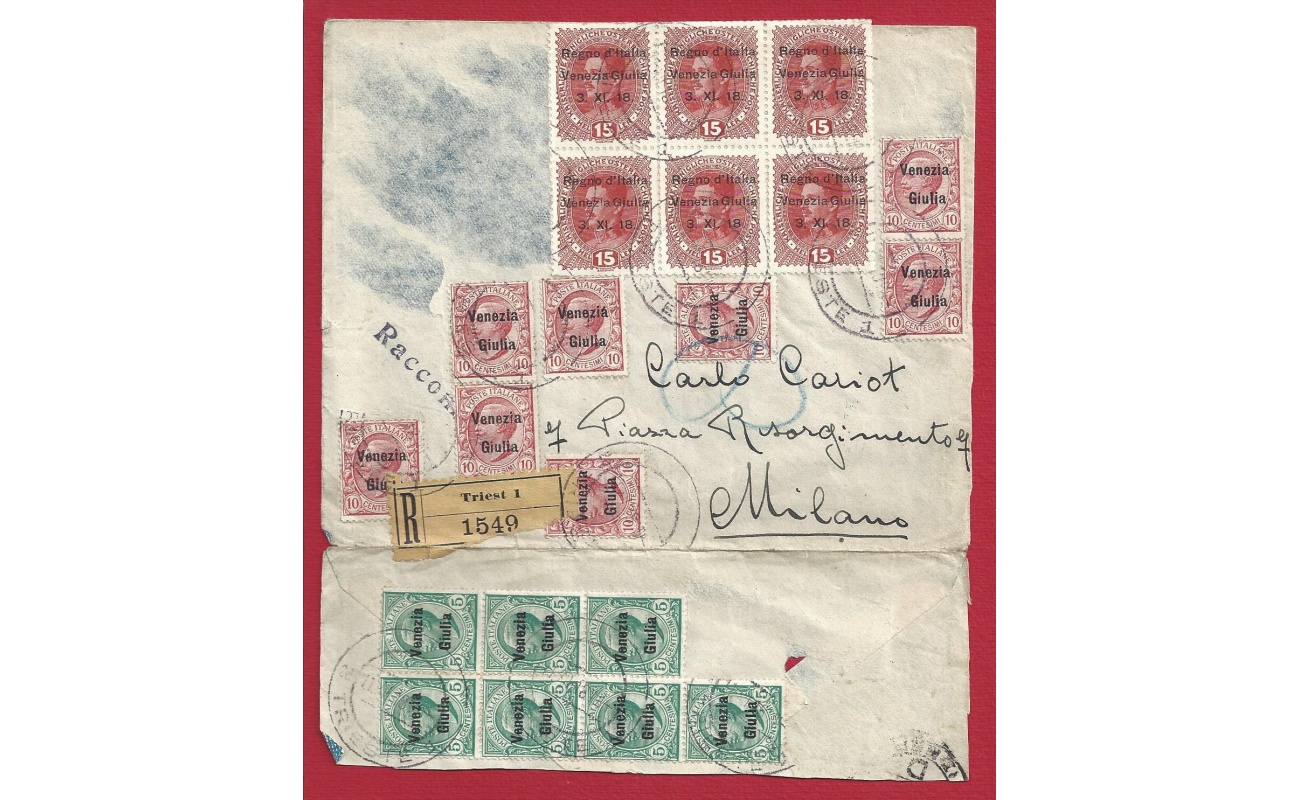1918 Venezia Giulia, n° 6 + 21 +22 in blocchi su lettera Raccomandata VIAGGIATA