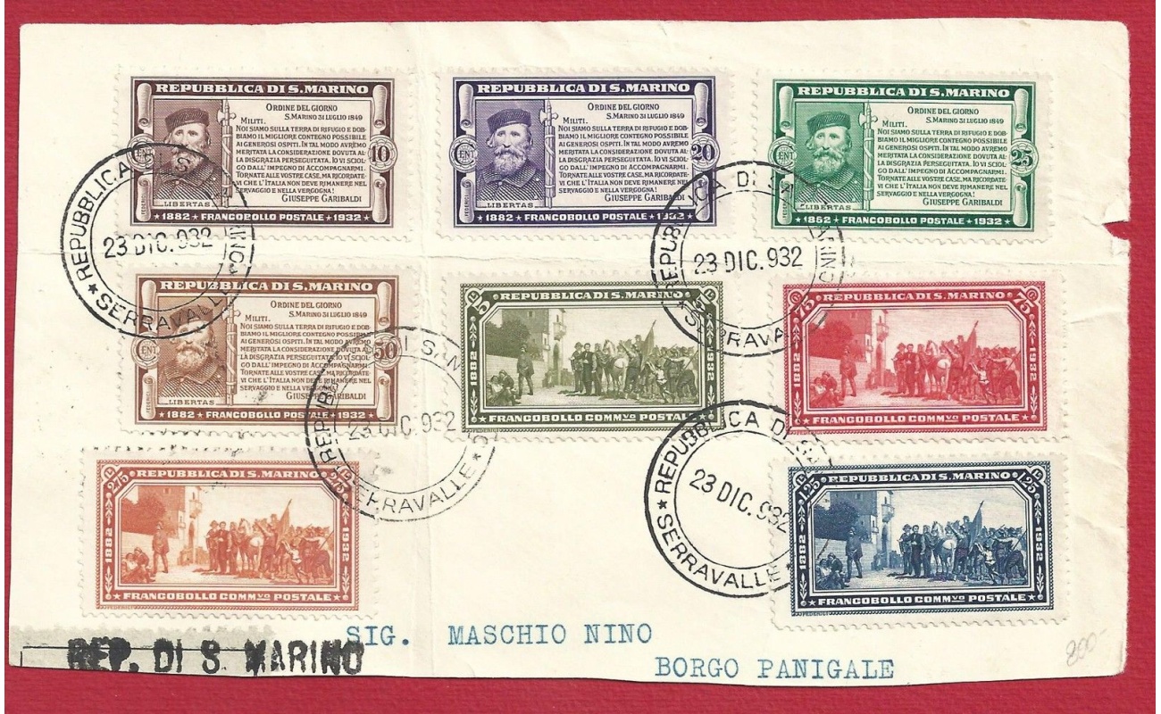 1922 SAN MARINO, n. 168/175 , Garibaldi serie completa su frammento - Interessante ed originale