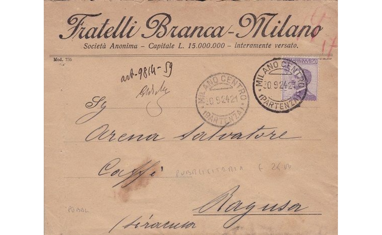 1924 Italia - Regno , Lettera pubblicitaria viaggiata della Fratelli Branca