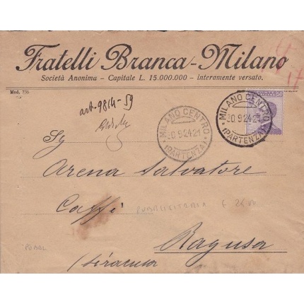 1924 Italia - Regno , Lettera pubblicitaria viaggiata della Fratelli Branca