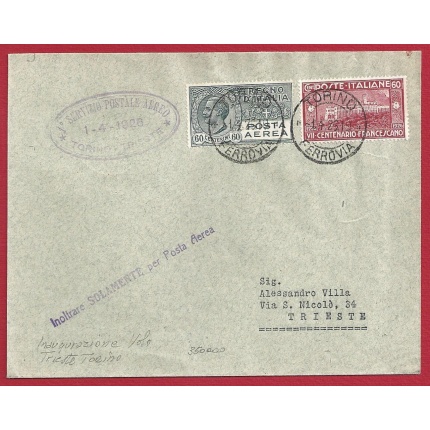 1926 I° Volo Torino - Trieste doppio annullo di arrivo RARO Aerogrammi n° 56