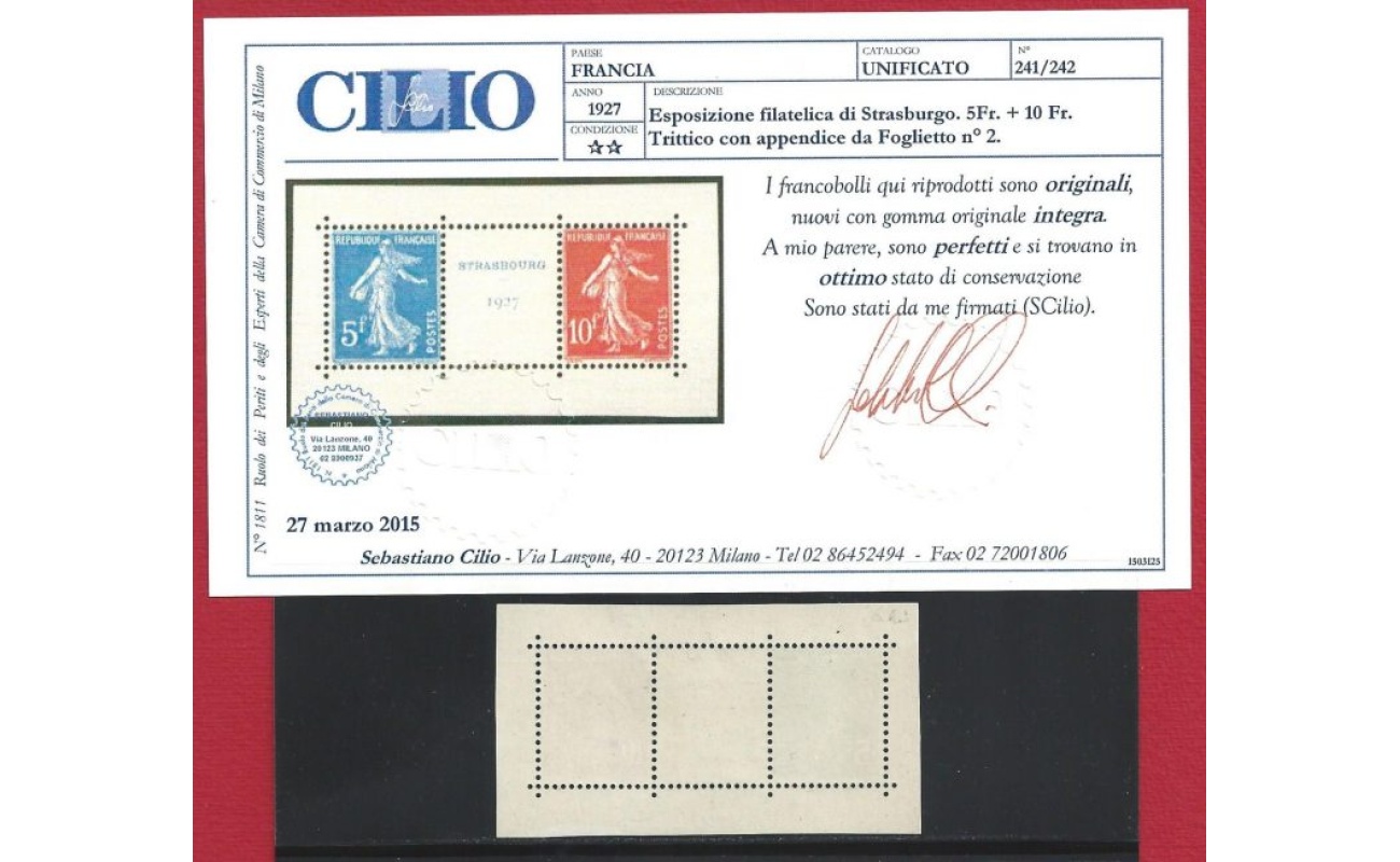 1927 FRANCIA  n° 241/242  Esposizione Filatelica di Strasburgo - Trittico - MNH**  Certificato Cilio