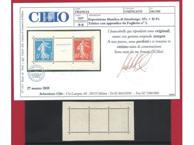 1927 FRANCIA  n° 241/242  Esposizione Filatelica di Strasburgo - Trittico - MNH**  Certificato Cilio