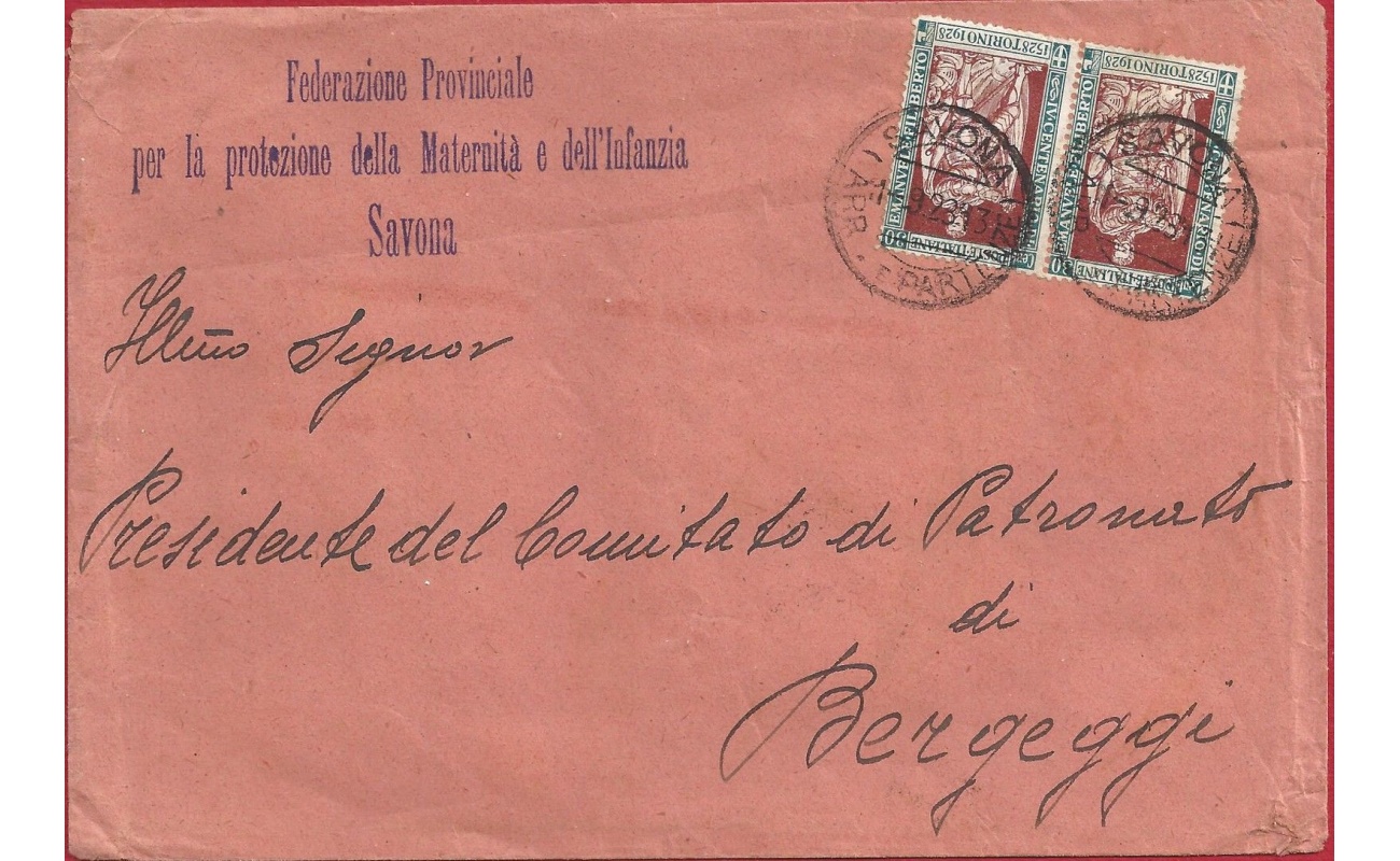 1928 Regno, n° 232 coppia su lettera