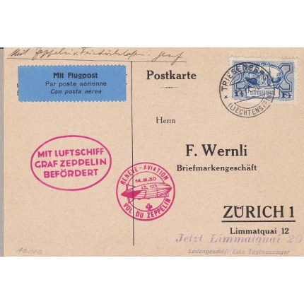 1930 LIECHTENSTEIN, Zum 70 su cartoncino VOLO ZEPPELIN Sieger 87