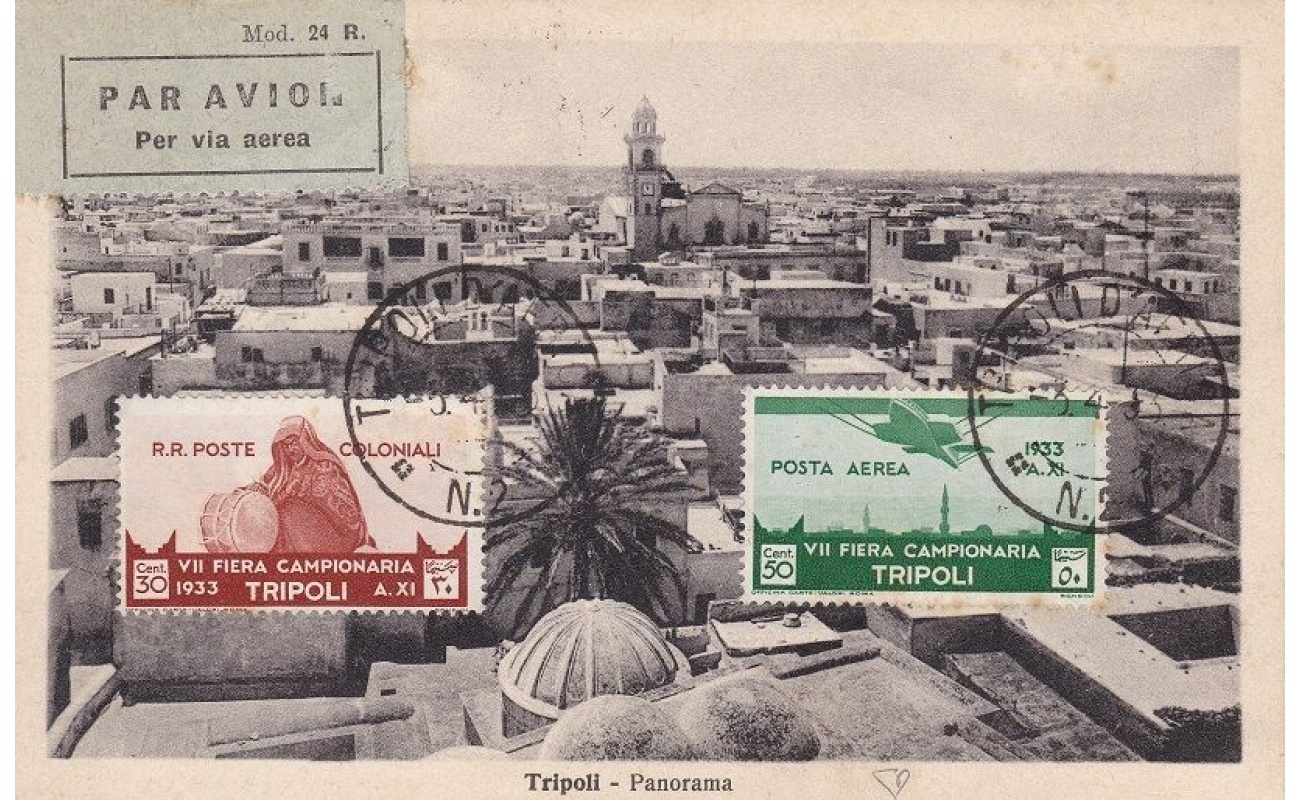 1933 LIBIA, n° 120+PA 8 7a Fiera di Tripoli due valori su cartolina viaggiata