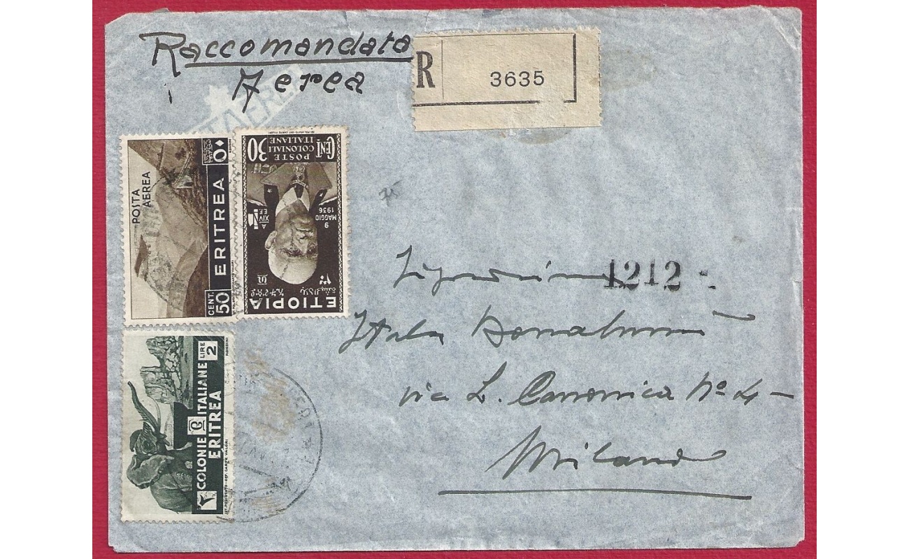 1937 ERITREA, Lettera affrancata, PA n° 18-23 Etiopia n° 1-4