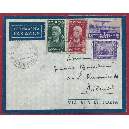 1937 ERITREA, Lettera affrancata n° 208 + Etiopia n° 3-5 Somalia n° 221
