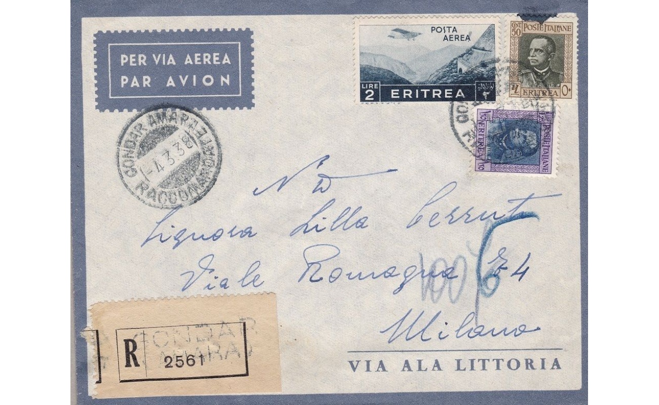 1938 ERITREA, PA n° 23 + 199 +201 su lettera per Milano