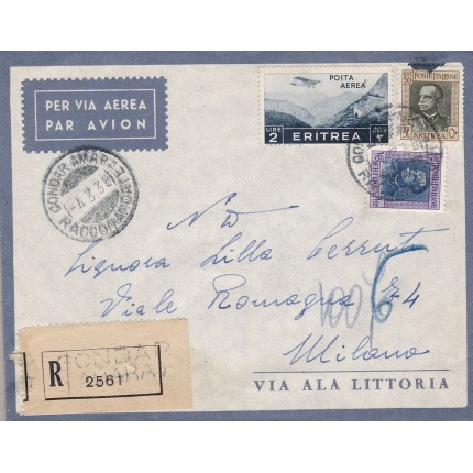 1938 ERITREA, PA n° 23 + 199 +201 su lettera per Milano