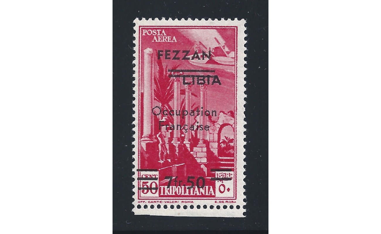 1943 FEZZAN - PA n° 2c - Pittorica 7 fr.50 su 50c. carminio MLH*  Sigla A.Diena