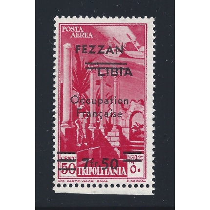1943 FEZZAN - PA n° 2c - Pittorica 7 fr.50 su 50c. carminio MLH*  Sigla A.Diena